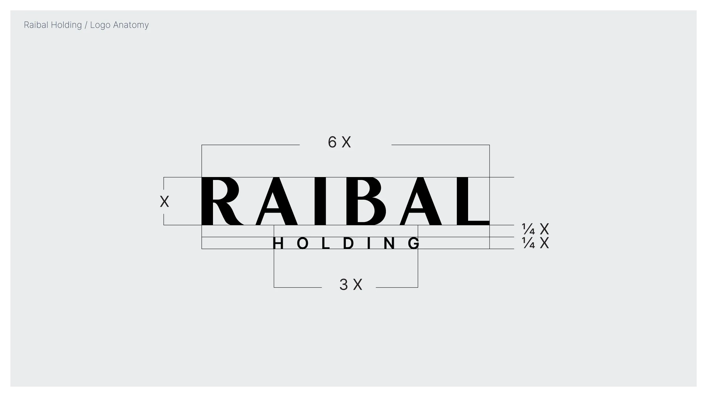 Raibal wordmark proportions, including the relative widths of RAIBAL and HOLDING.
