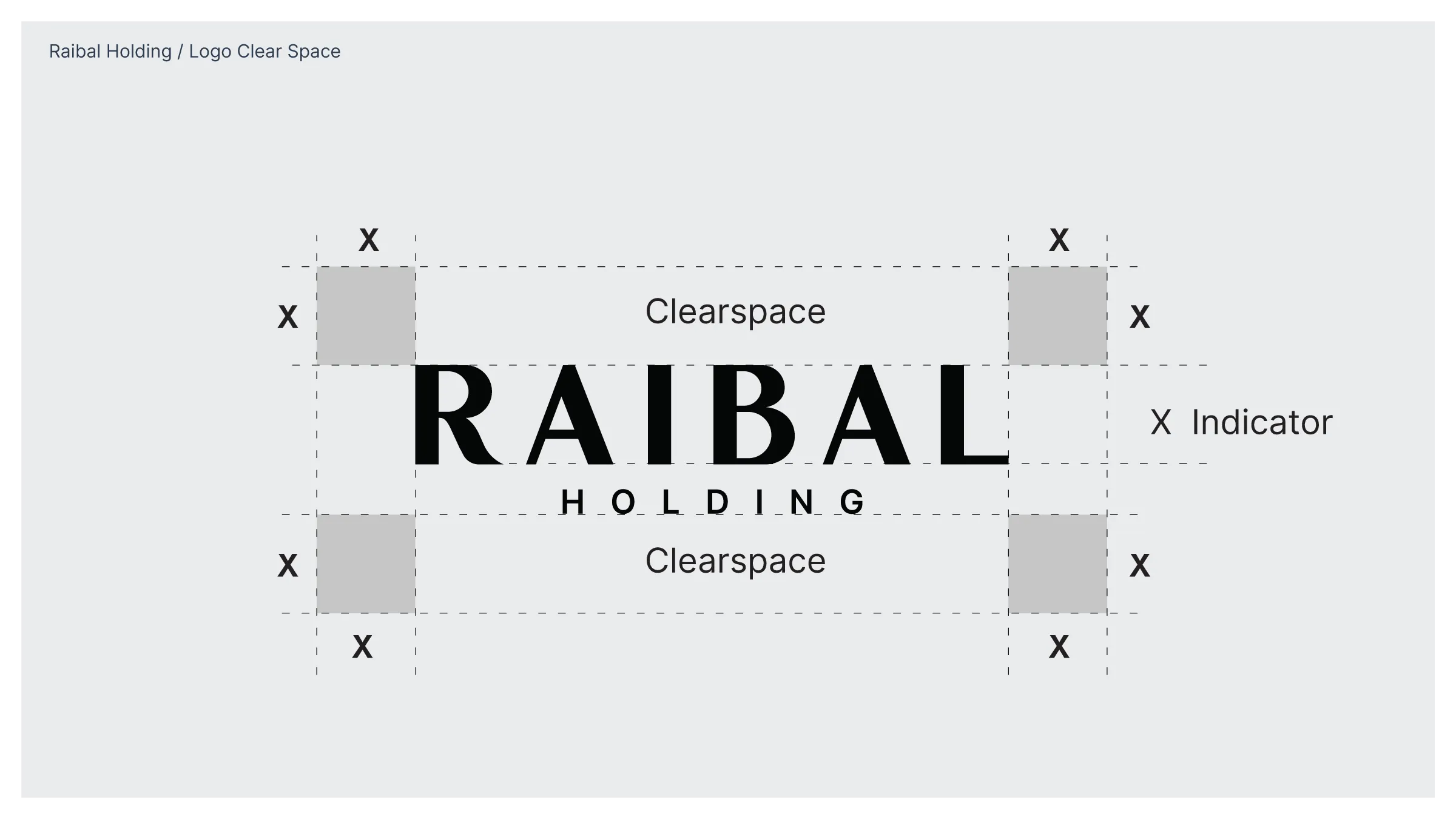 Minimum clear space around the Raibal Holding wordmark, measured with an X unit.