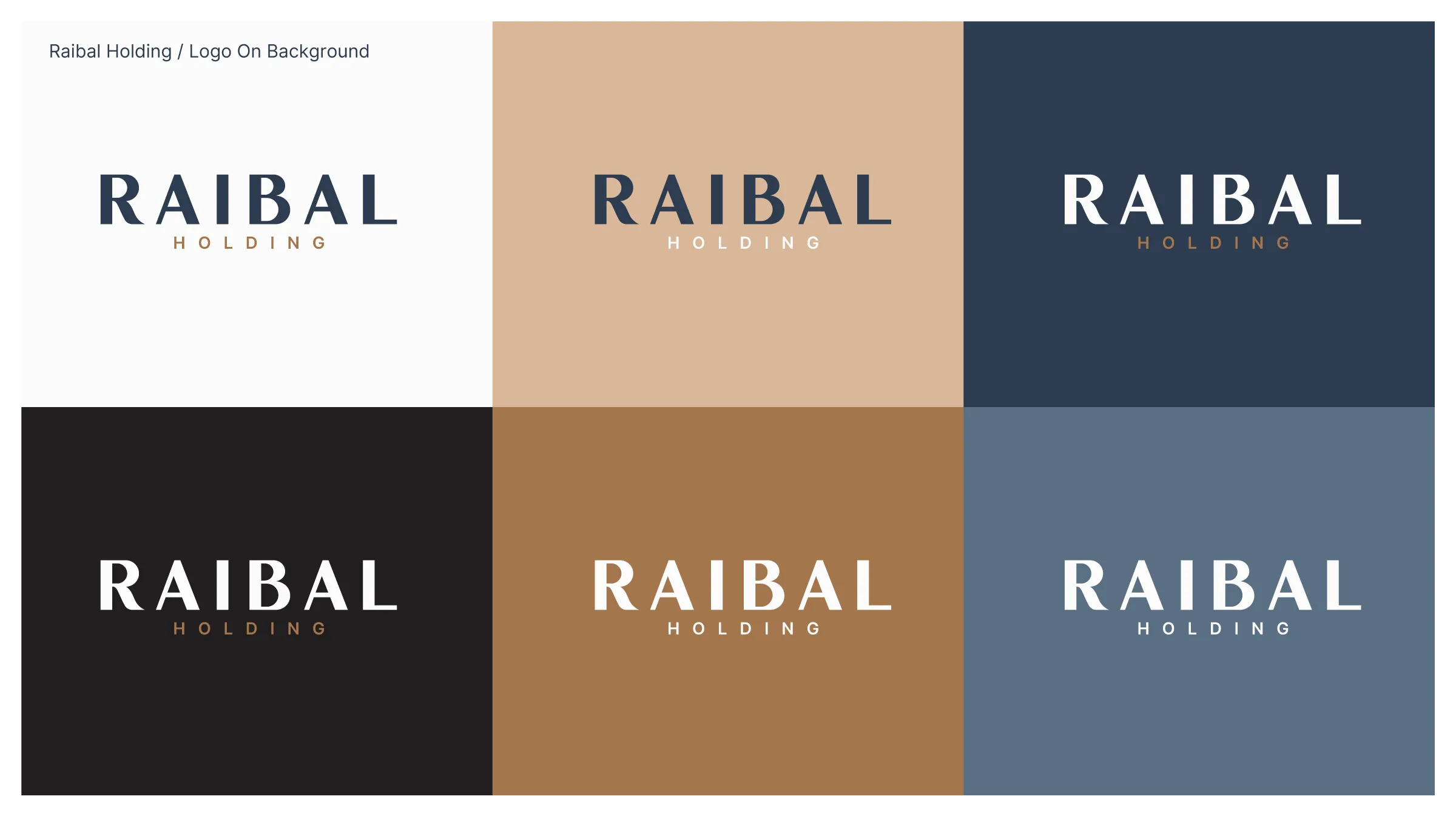 Raibal wordmark colour variations on white, sand, navy, black, bronze and blue-grey backgrounds.