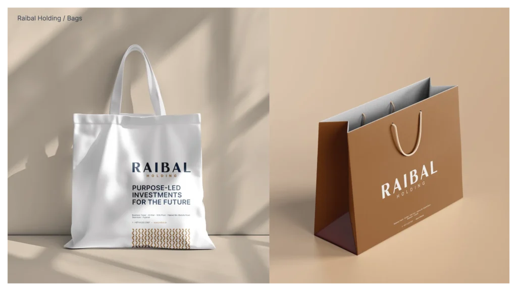 Raibal tote and paper shopping bag mockups in white and bronze with the wordmark and brand pattern.