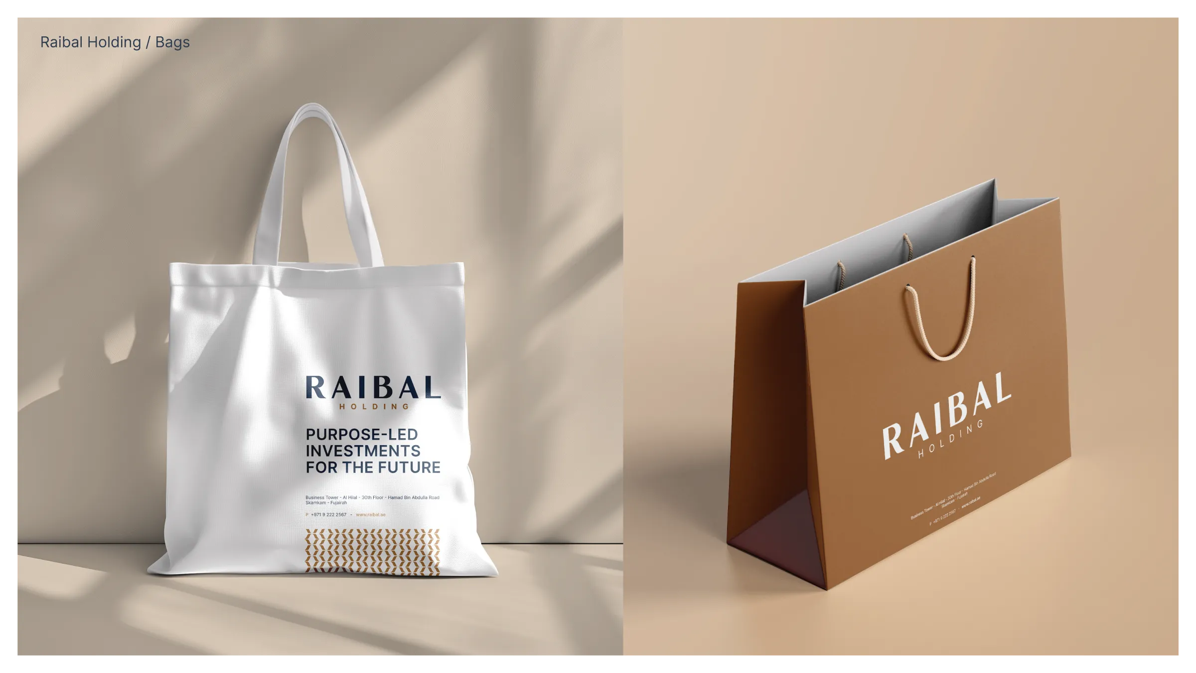Raibal tote and paper shopping bag mockups in white and bronze with the wordmark and brand pattern.