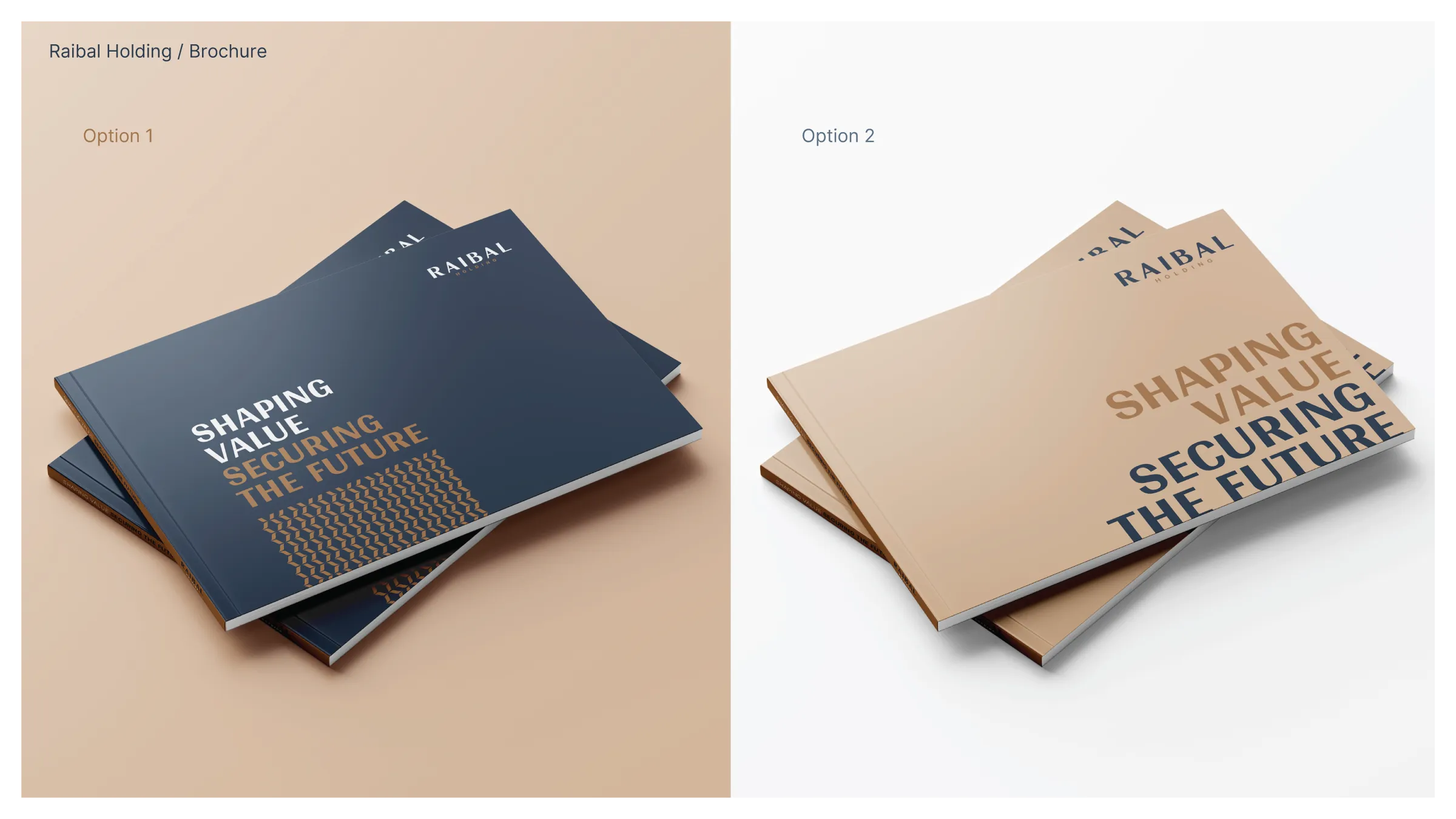 Two Raibal brochure cover mockups using navy and sand with bold typography and the brand pattern.