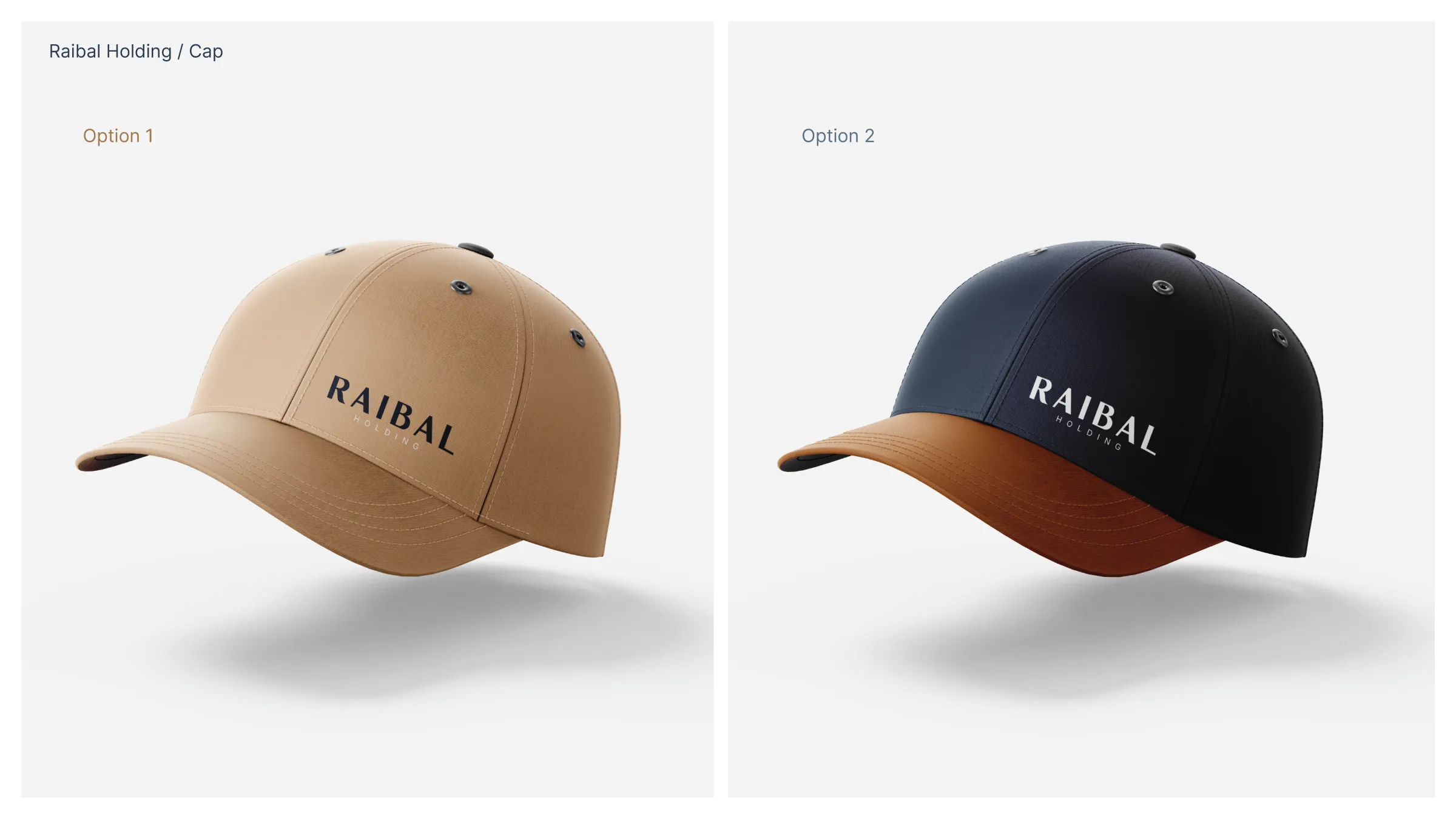 Raibal cap mockups in sand and navy, carrying the English wordmark.