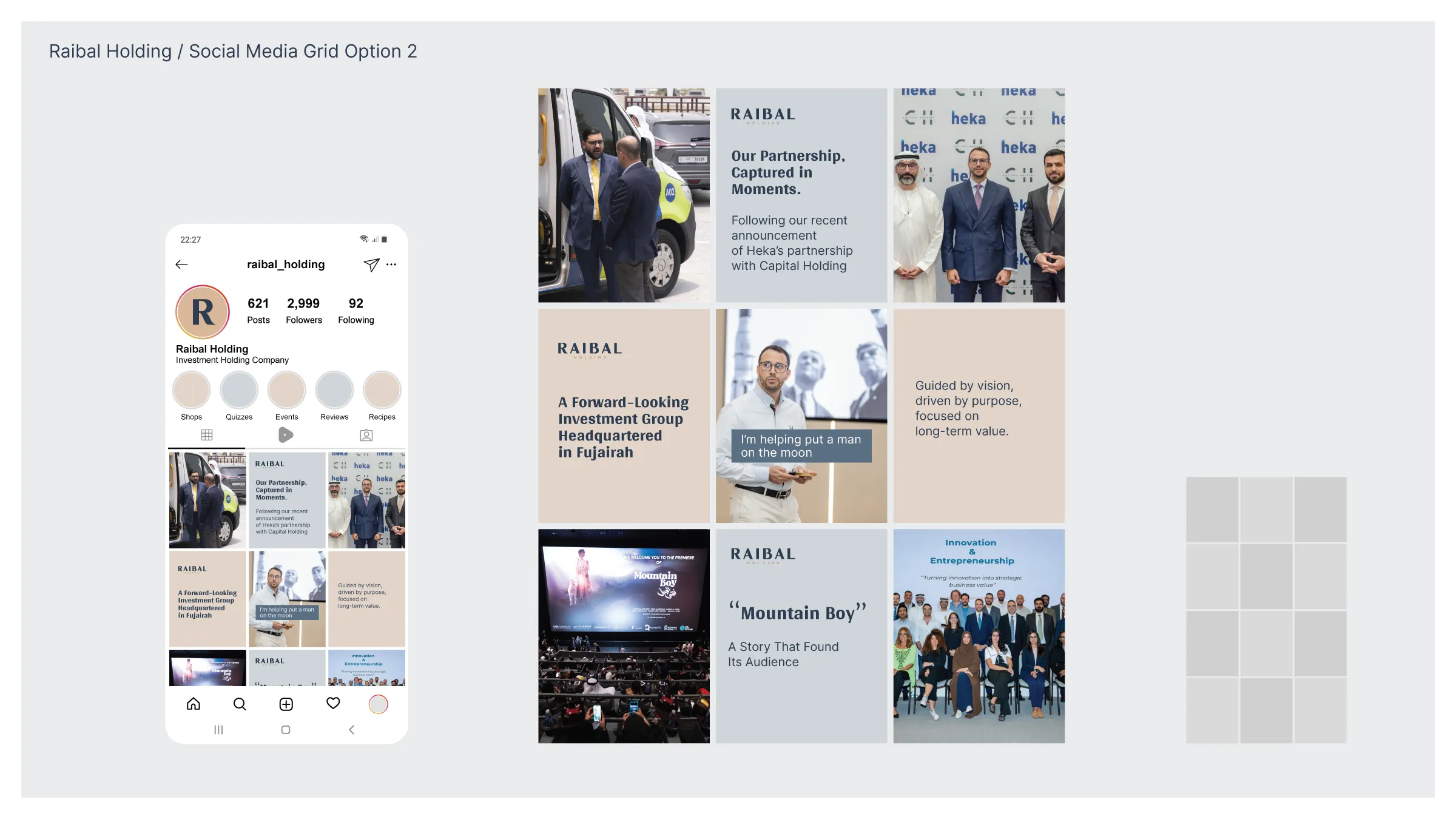 Raibal Holding social media design concept with an Instagram profile and a nine-post grid combining photography, typography and brand colours.