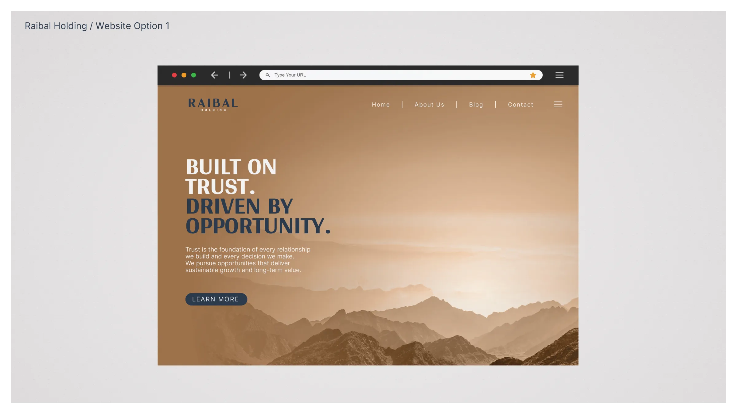 Raibal website concept with a mountain landscape, bronze palette and bold introductory headline.