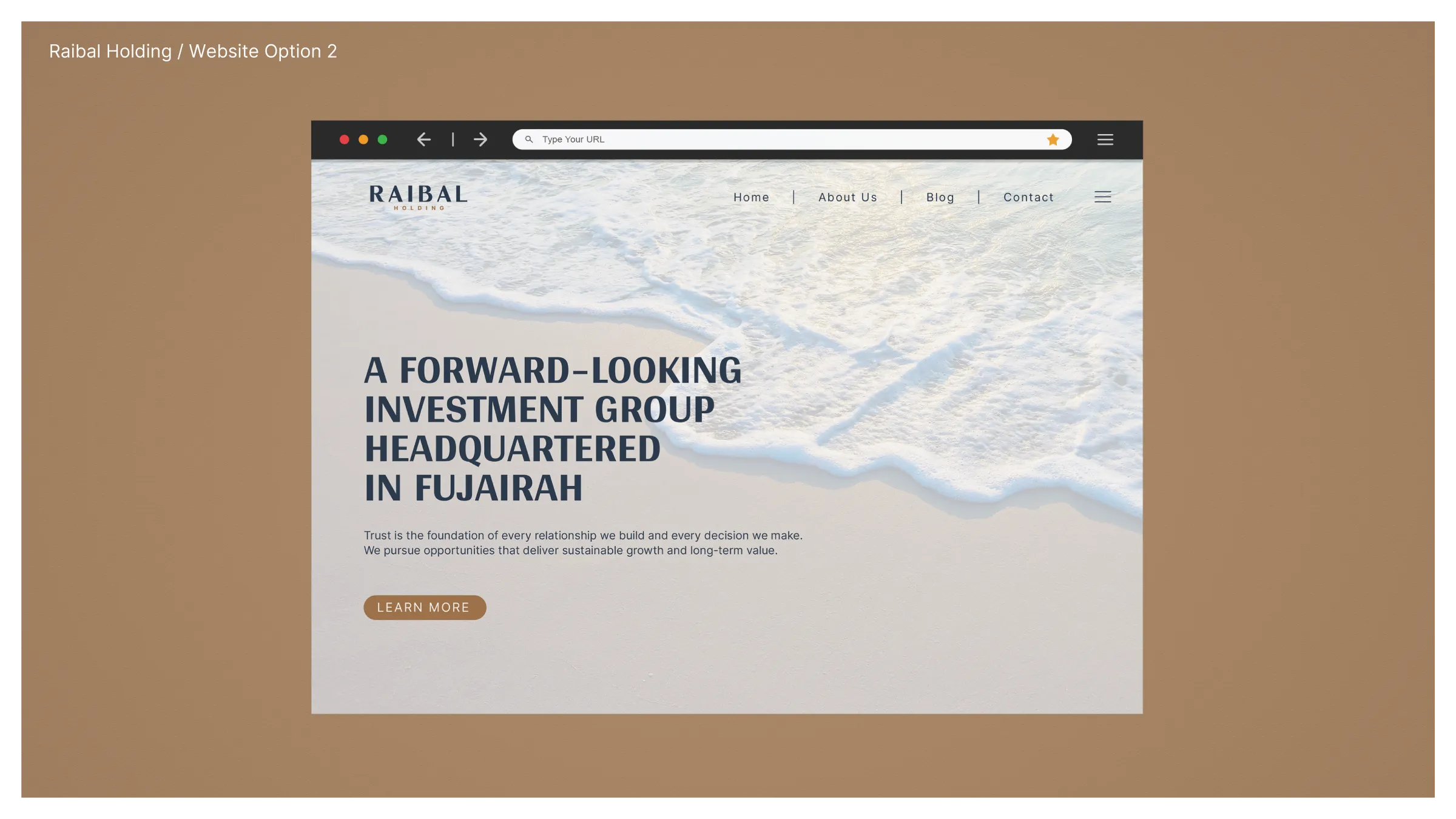 Raibal website concept with coastal photography and navy typography on a light background.