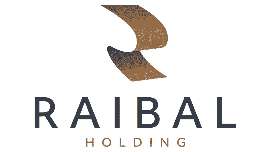 Raibal logo concept combining a folded ribbon symbol with a spaced English wordmark in navy and bronze.