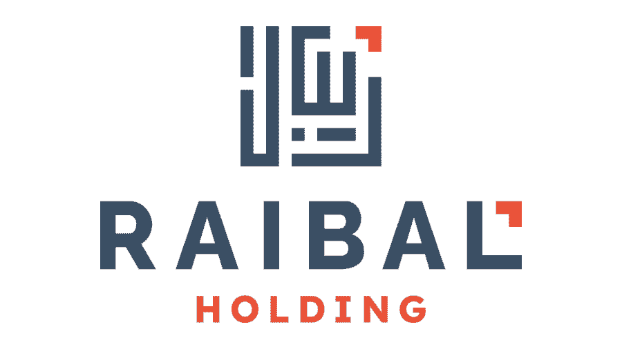 Raibal logo concept combining a geometric Arabic emblem with a navy English wordmark and orange accents.