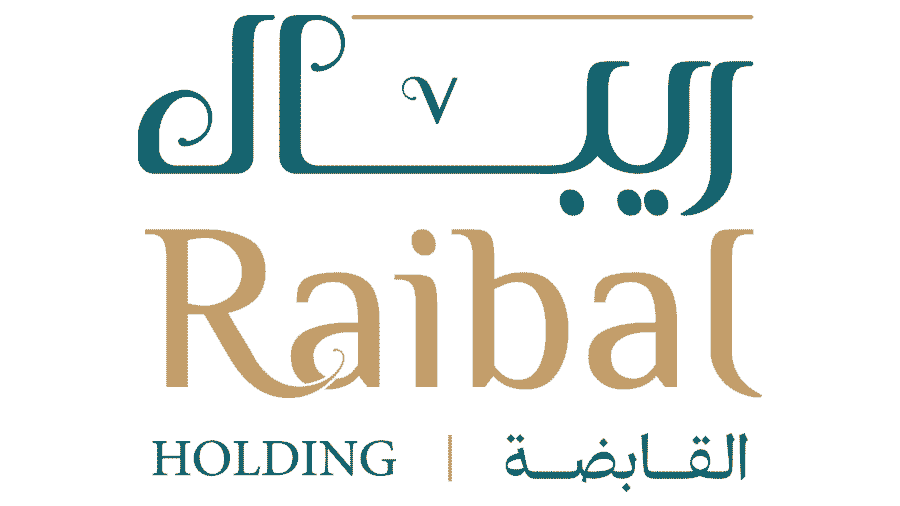 Original Raibal Holding bilingual logo with teal Arabic lettering and a gold English wordmark.