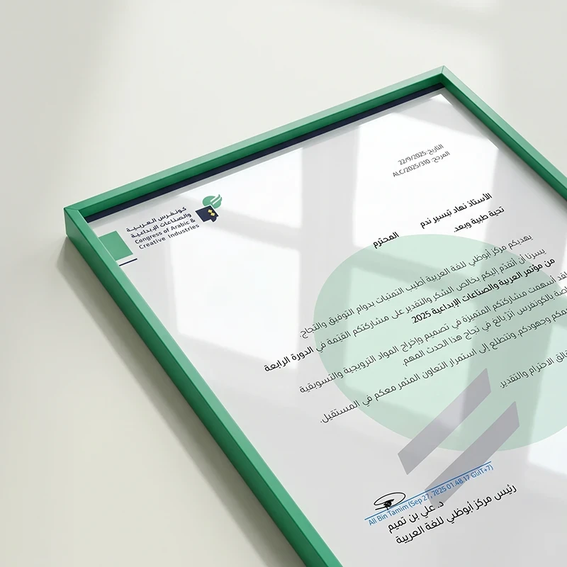 Abu Dhabi Arabic Language Centre appreciation letter to Nihad Taisir Nadam following the 2025 congress work.