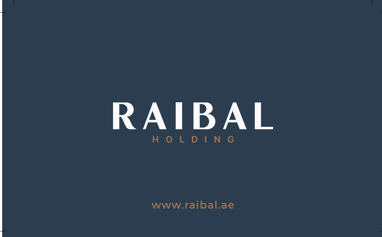 Raibal business card reverse with a white wordmark on navy.