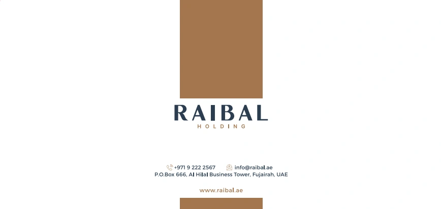 Raibal envelope artwork with the wordmark, bronze band and corporate information.