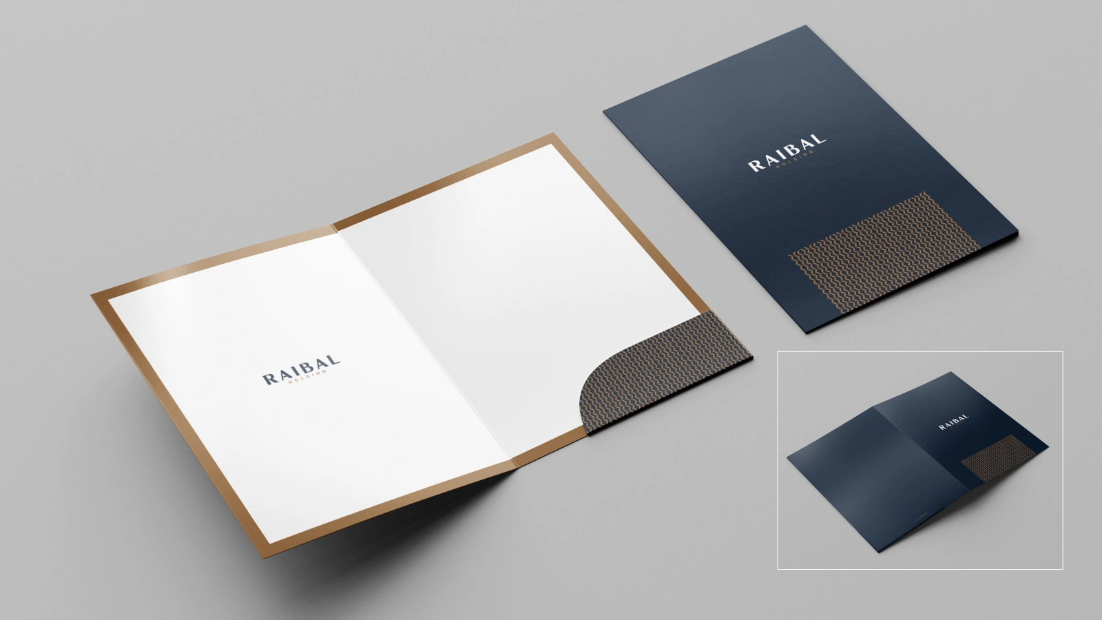 Mockup of open and closed Raibal folders with navy covers and a patterned inner pocket.