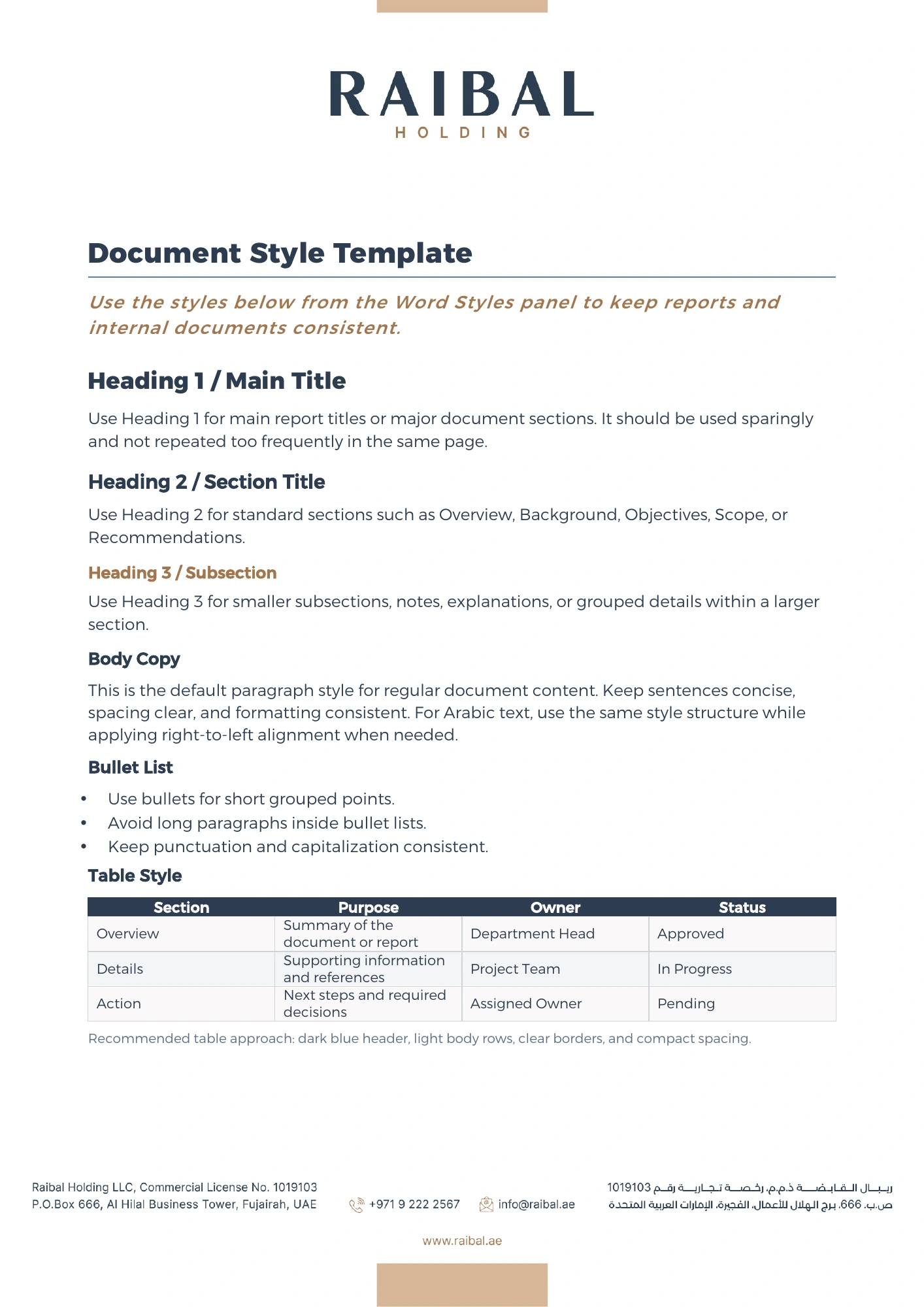 Raibal Word document template showing heading levels, body copy and a styled table.
